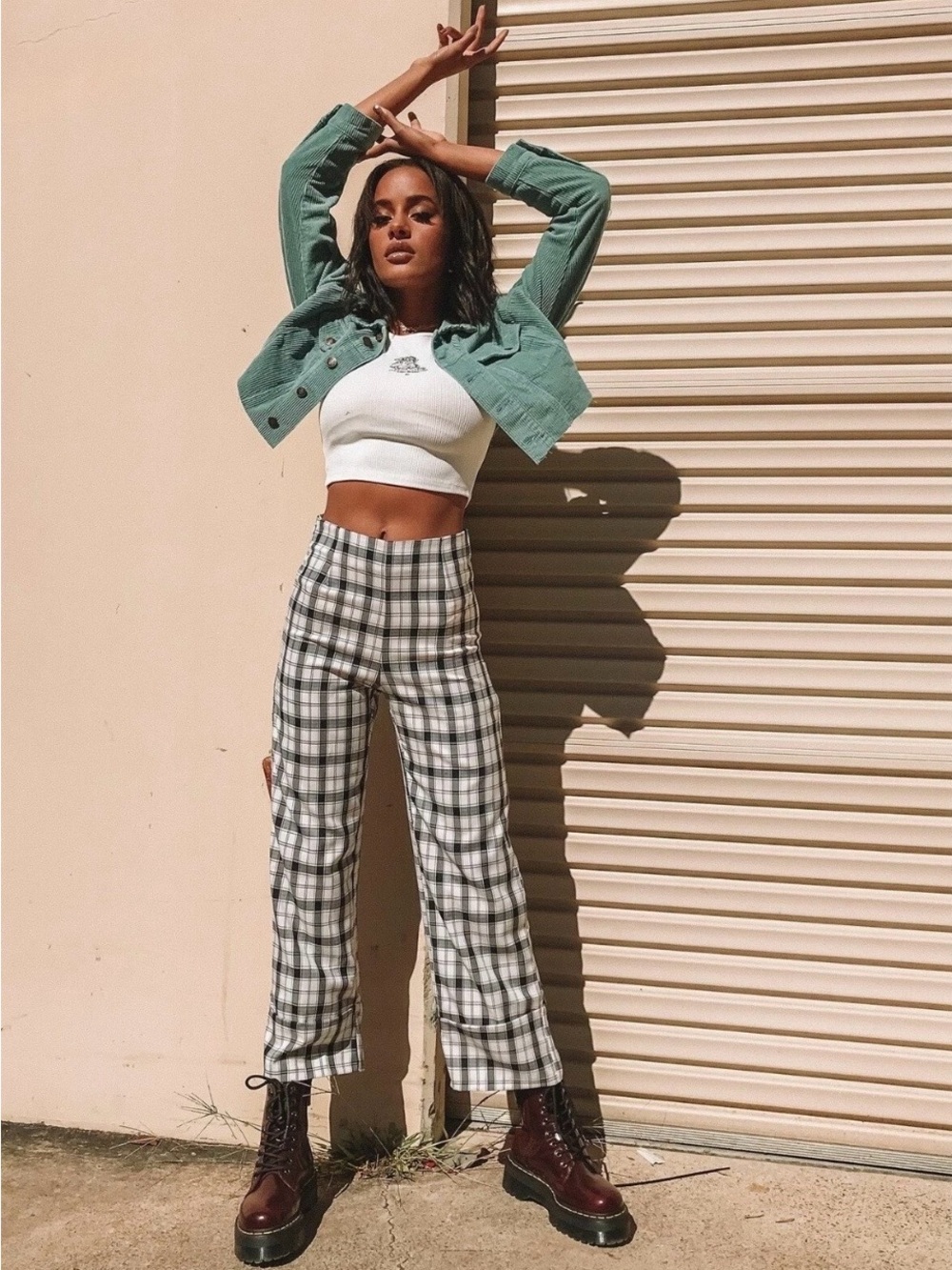 Polly Euros Plaid Wide Leg Pants Black White Check Size 12 NWOT